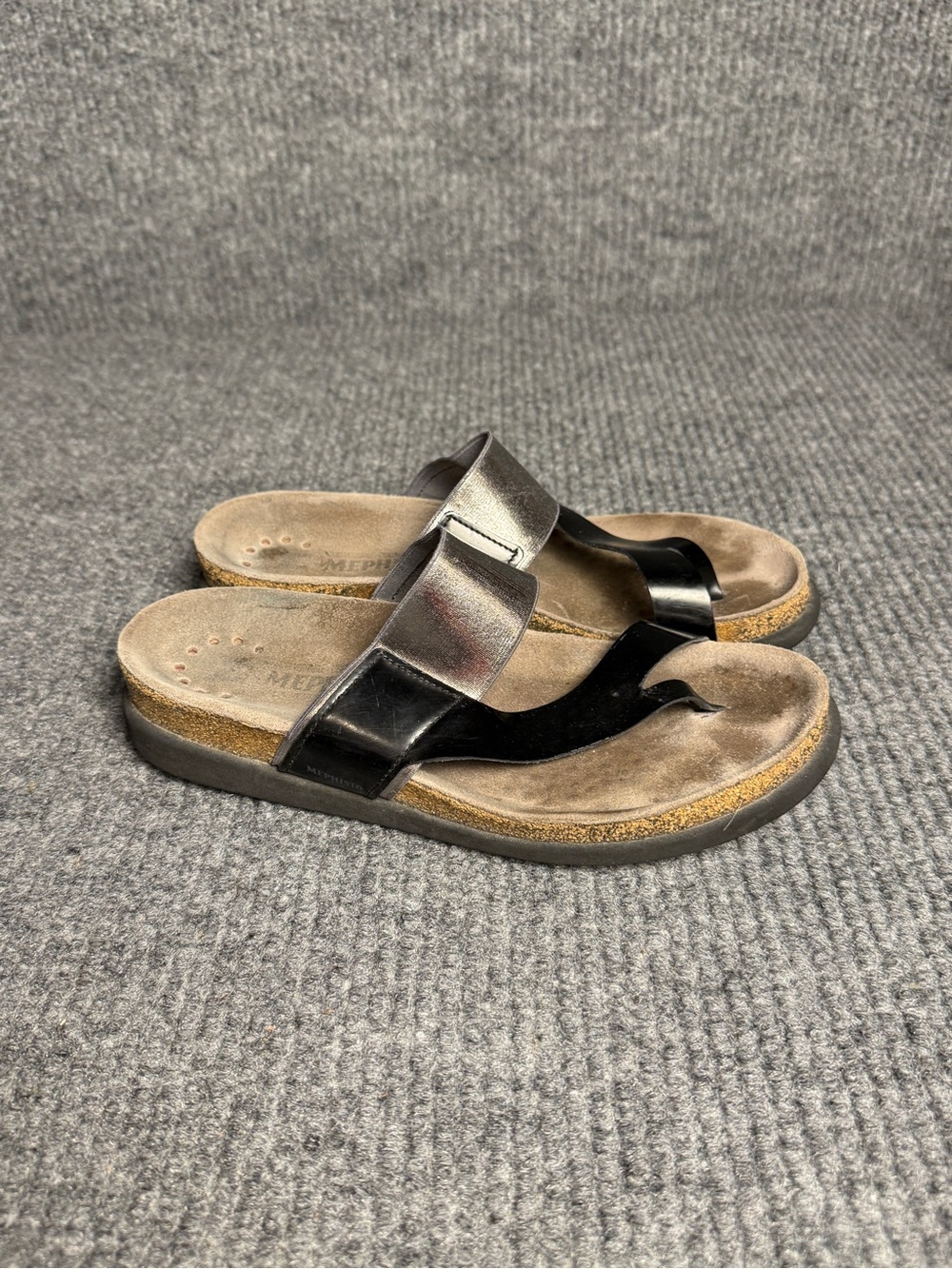 Mephisto Helen Black Patent & Metallic Silver Combo Leather Thong Sandals